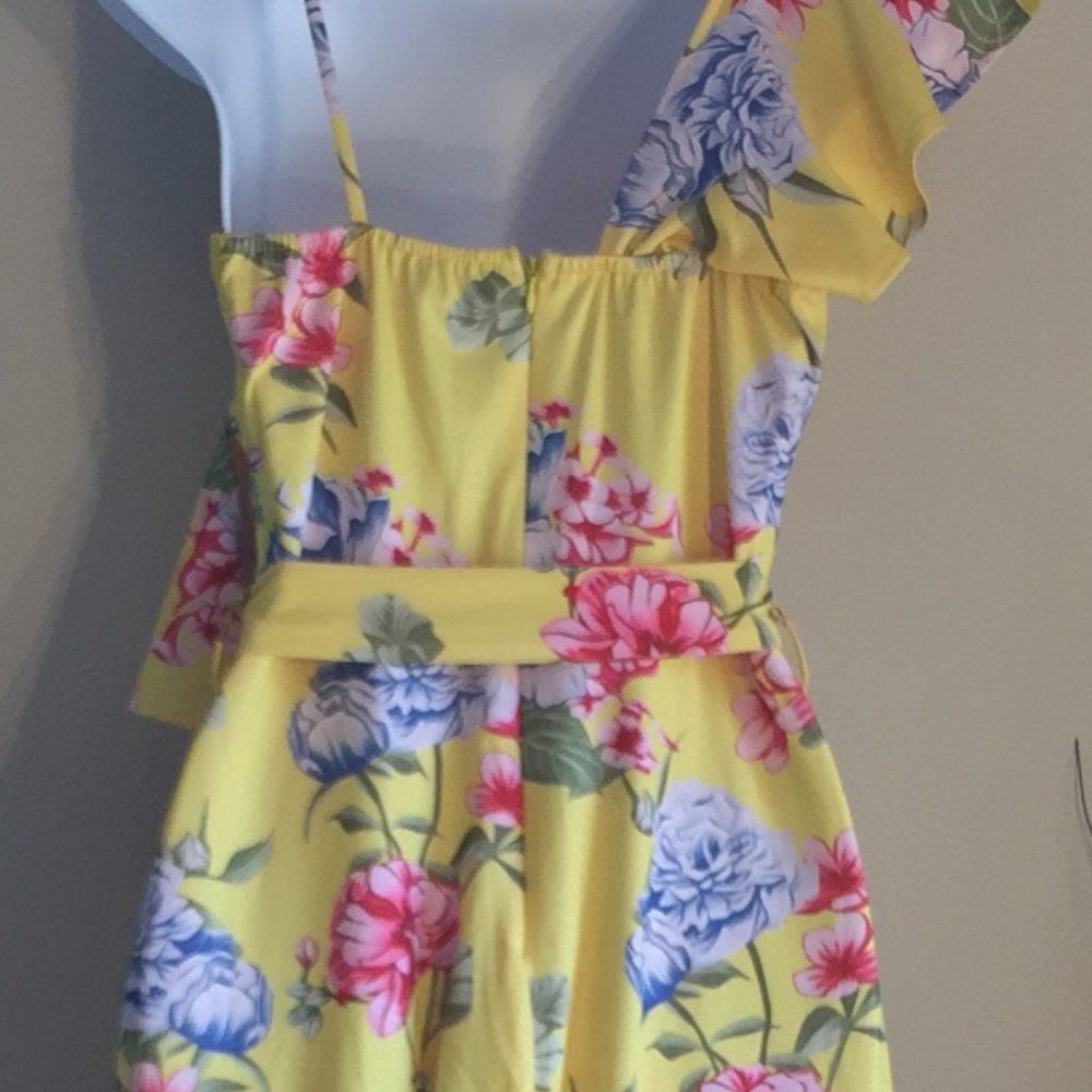 Floral jumpsuit asymetrical wrap top yellow tropical print M - Picture 8 of 11